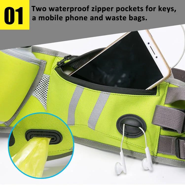 Versatile Pet Waist Leash: Dog Walking Fanny Pack with Phone Holder, Poop Bag Pocket, Treat Pouch, and Bottle Holder