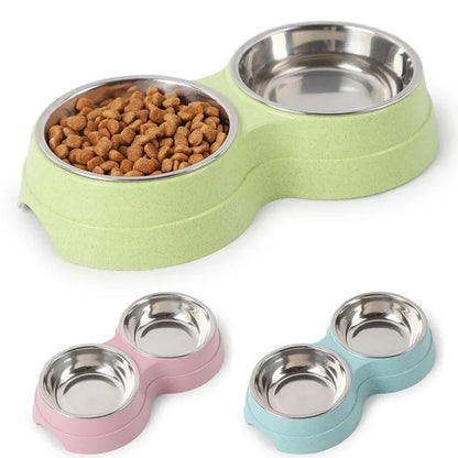 Stainless Steel Double Pet Bowls: Food & Water Feeder for Cats and Small Dogs