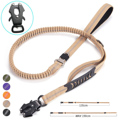 Reflective Tactical Bungee Dog Leash with Car Seatbelt for Large Dogs